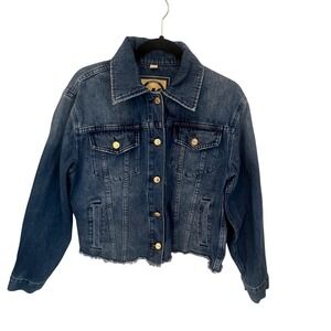 Michael Kors MK Denim Jacket Gold Buttons Frayed Hem Blue Womens Medium